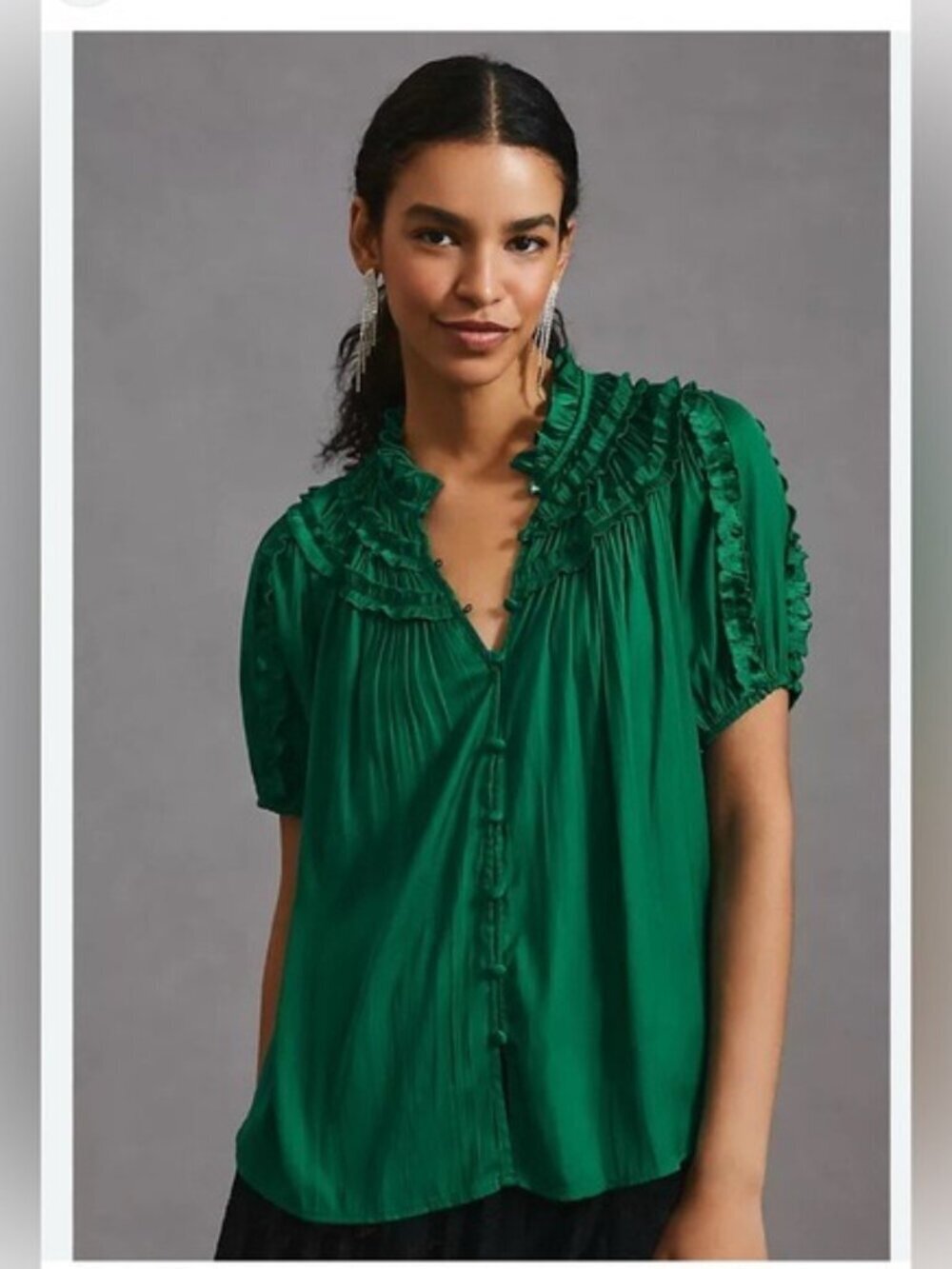 Anthropologie Green Shirred Short Sleeve Peasant Blouse XXS